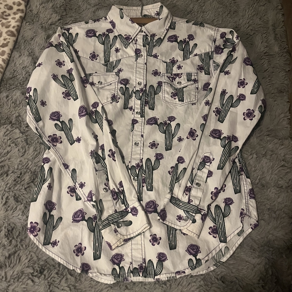 Kids Button-Down Shirt with Purple Cactus Print